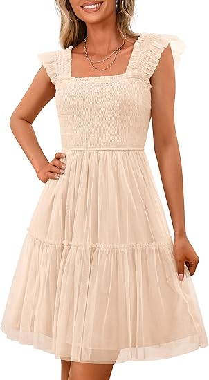 Women's 2025 Fashion Mini Summer Dress, Sleeveless Tulle Ruffle Square Neck Layered Pleated Beach Vacation Dress