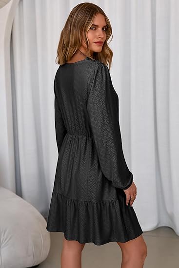 2026 Spring Women's Elegant Lace Hollow-Out Embroidery V-Neck Long Sleeve Casual A-Line Mini Dress