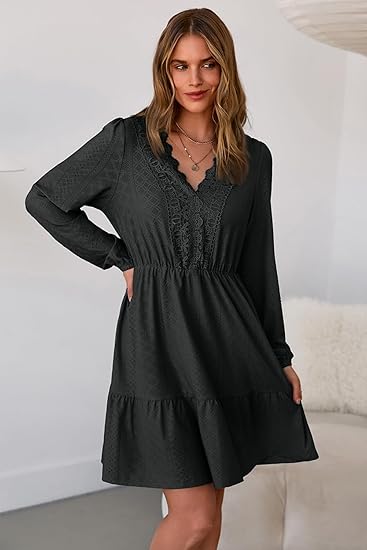 2026 Spring Women's Elegant Lace Hollow-Out Embroidery V-Neck Long Sleeve Casual A-Line Mini Dress