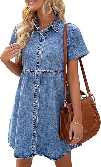 Women's short-sleeved button-down flowy layered denim dress