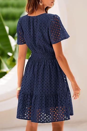 2025 Women's Summer Short Dress, V-neck, Short Sleeve, A-line, Hollowed-out Lace Ruffles, Cute Casual Beach Party Dress