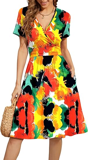 Women's Summer Short-Sleeve Casual Dress, V-Neck Floral Party Dress, with Pockets