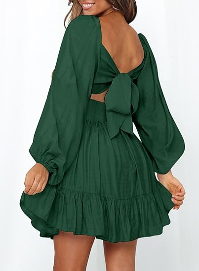 Women's dress, long lantern sleeves, square neckline, tie-waist, sexy backless dress, ruffled elastic waist, A-line mini dress