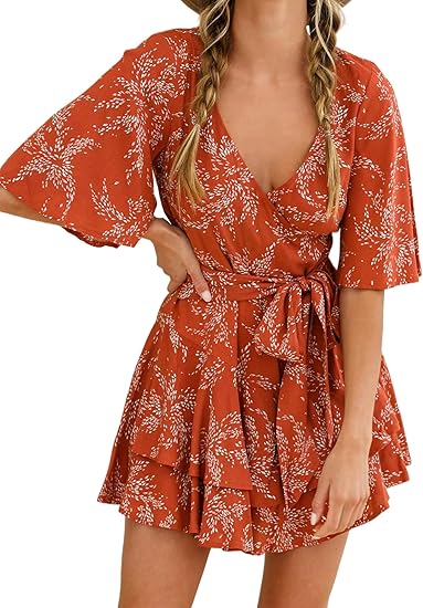 Women's Summer Short Flared Sleeve Jumpsuit, V-neck Printed Jumpsuit, Waist Tie, Layered Ruffle Hem Dress Style Jumpsuit