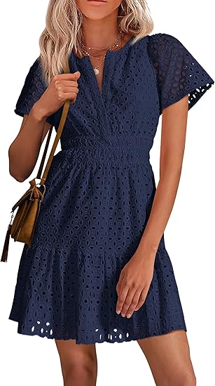 2025 Women's Summer Short Dress, V-neck, Short Sleeve, A-line, Hollowed-out Lace Ruffles, Cute Casual Beach Party Dress