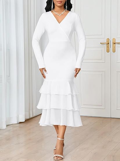 Womens Sexy V Neck Fishtail Dress Long Sleeve Bodycon Mesh Hem Semi Formal Wedding Guest Mermaid Midi Dresses Elegant