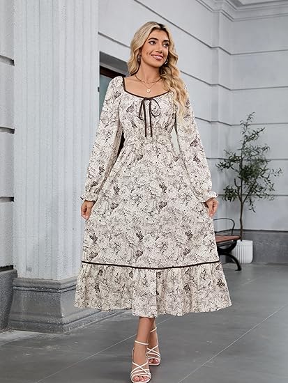 Women's 2025 New Long-Sleeved Square Neck Autumn Bohemian Style Floral Midi Dress, High-Waisted Flowy A-Line Layered Wedding Guest Dress