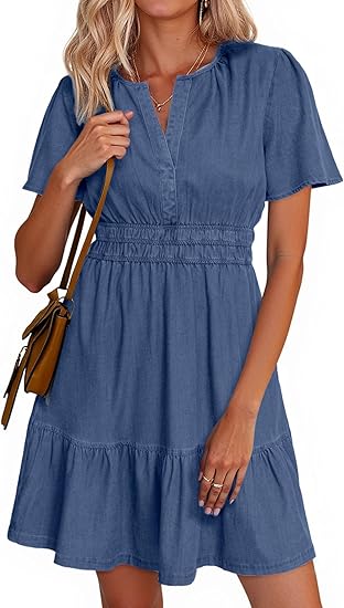 Women's Summer Denim Dress, Casual Short-Sleeve Mini Dress, Bohemian Style Beach Flowy Multi-Layer Short Denim Dress with Pockets