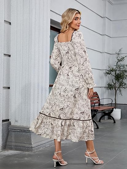 Women's 2025 New Long-Sleeved Square Neck Autumn Bohemian Style Floral Midi Dress, High-Waisted Flowy A-Line Layered Wedding Guest Dress