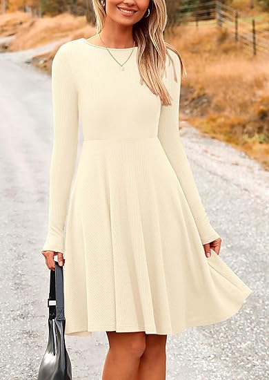 Women's Autumn Short Dress, Ribbed Knit Round Neck Long Sleeve A-line Flowy Casual Elegant Winter Dress