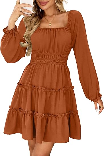 Women's square neck long-sleeved mini dress with layered ruffles and an A-line silhouette, featuring pockets.