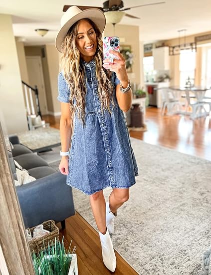 Women's short-sleeved button-down flowy layered denim dress