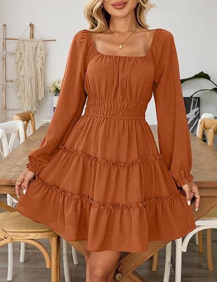 Women's square neck long-sleeved mini dress with layered ruffles and an A-line silhouette, featuring pockets.