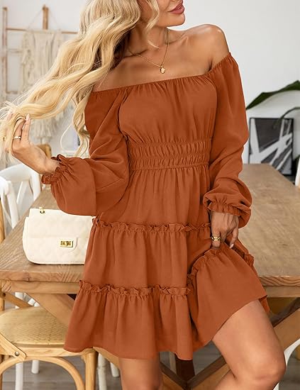 Women's square neck long-sleeved mini dress with layered ruffles and an A-line silhouette, featuring pockets.