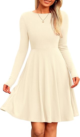 Women's Autumn Short Dress, Ribbed Knit Round Neck Long Sleeve A-line Flowy Casual Elegant Winter Dress