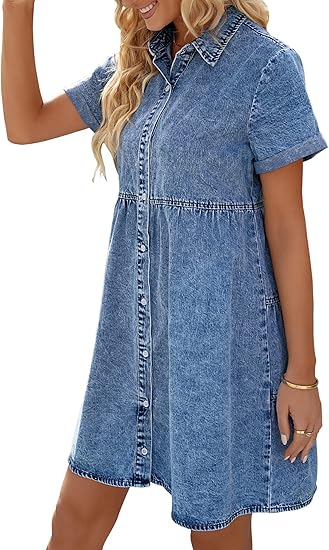 Women's short-sleeved button-down flowy layered denim dress
