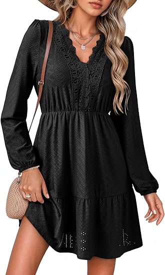 2026 Spring Women's Elegant Lace Hollow-Out Embroidery V-Neck Long Sleeve Casual A-Line Mini Dress