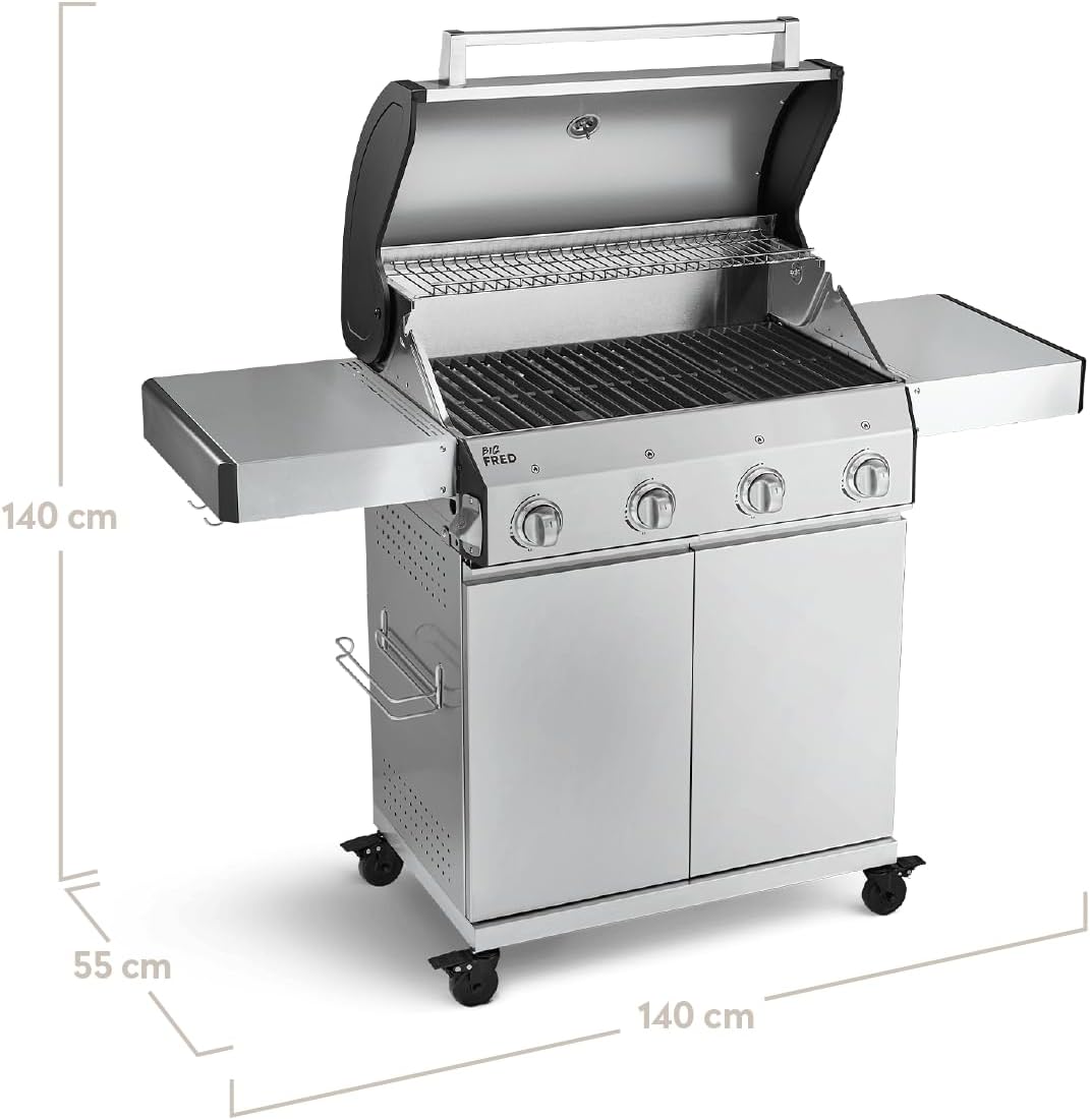 BURNHARD Big Fred Basic Series 3 4-Burner Gas Barbecue Including Stainless Steel Grill Grate, Grill Cover, Stainless Steel Grill Trolley + Folding Side Tables