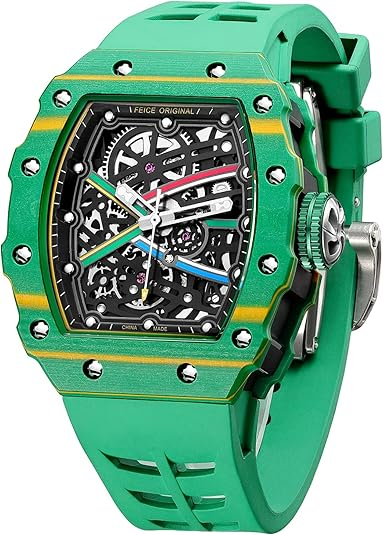 FEICE Watches for Men Automatic Skeleton Watch Men's Vintage Automatic Mechanical Skeleton Waterproof Watch Silicone Strap Sport Luminous Analog Unique Business Wristwatch for Men Green FM603