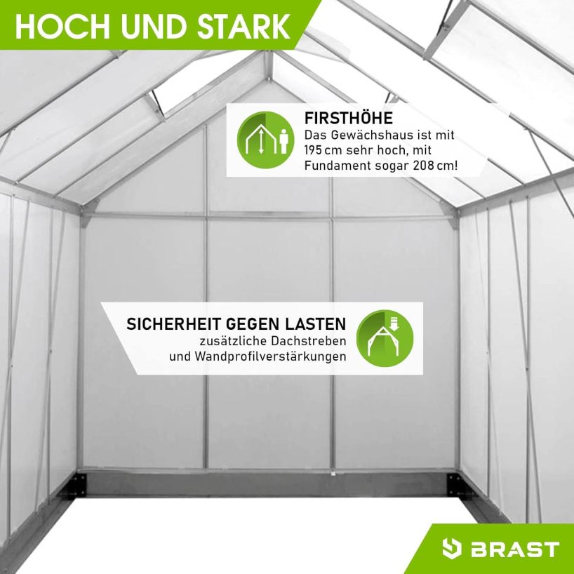 BRAST Aluminium Greenhouse with Base, 250 x 190 x 195 cm, TÜV Tested, 6 mm Hollow Chamber Panels Rustproof, Weatherproof, Temperature-Resistant