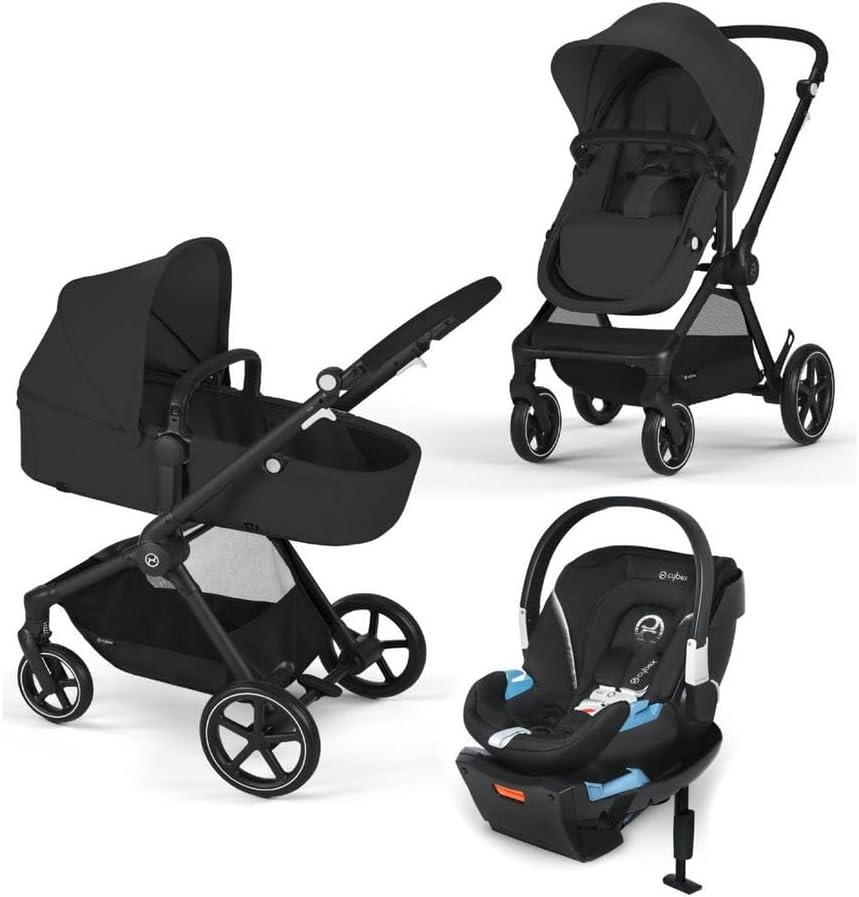 Cybex EOS 5-in-1 Travel Stroller + Aton 2 Infant Car Seat with SensorSafe & Load Leg – Converts from Carriage to Reversible Toddler Seat, Travel System Ready, Lightweight & Comfortable, Black/Black