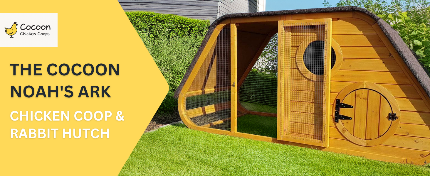 Wooden chicken coop with ark-style design featuring rounded roof. side door. and outdoor enclosure area.