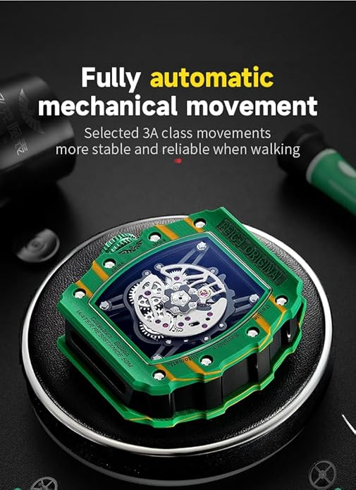 FEICE Watches for Men Automatic Skeleton Watch Men's Vintage Automatic Mechanical Skeleton Waterproof Watch Silicone Strap Sport Luminous Analog Unique Business Wristwatch for Men Green FM603