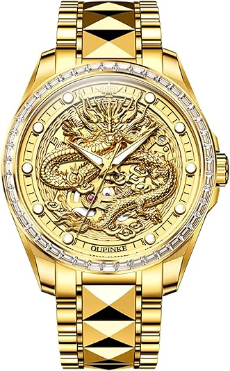 OUPINKE Dragon Skeleton Mens Wrist Watches Luxury Dress Automatic Self Winding Mechanical Sapphire Crystal Diamond Waterproof Luminous Tungsten Steel Band Watches