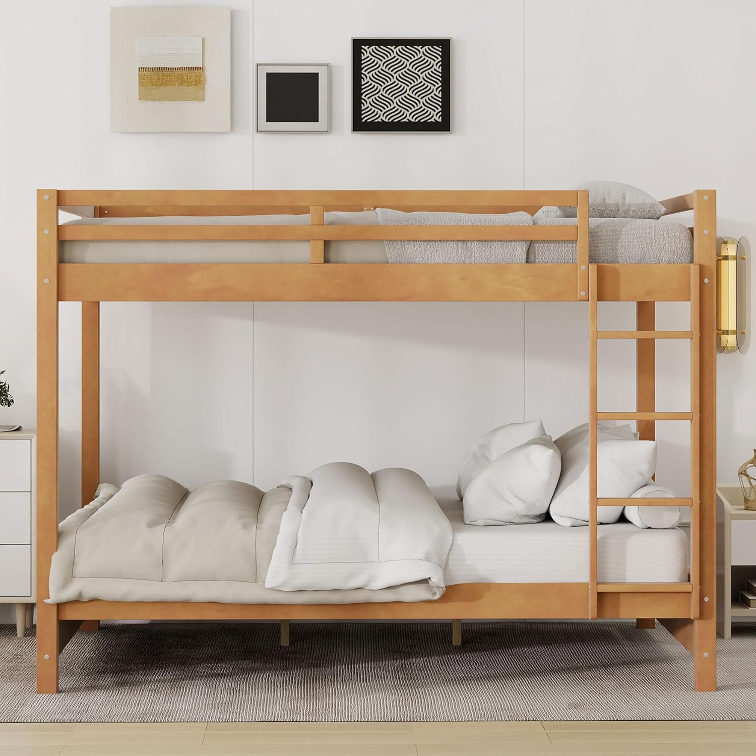 Full Over Full Bunk Bed with Ladders Wood Bunk Beds with Full-Length Guardrails Floor Bunk Bed Frame for Kids, Boys, Girls, No Spring Box Needed,