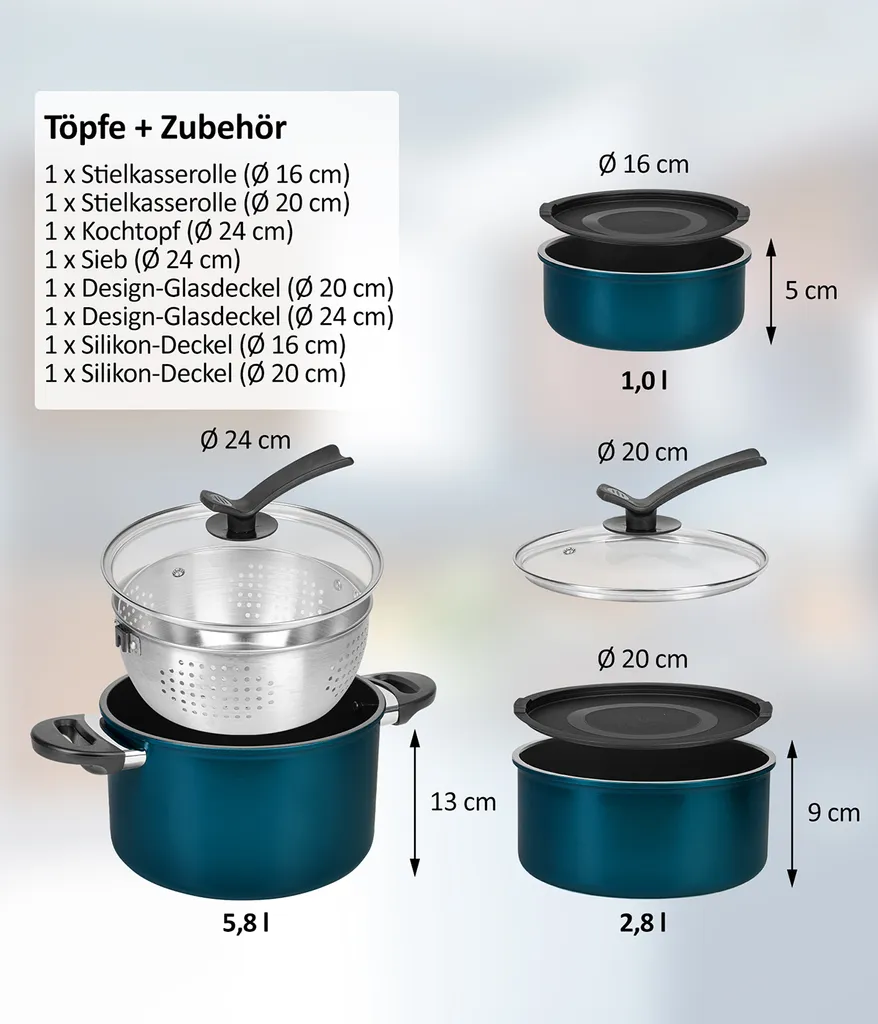 Kelton Pfannenset Töpfe Set 3 in 1 mit Deckel und Gemüseschneider 27 tlg., Kochgeschirr mit Pfannen und Kochtöpfen mit Antihaft Beschschichtung