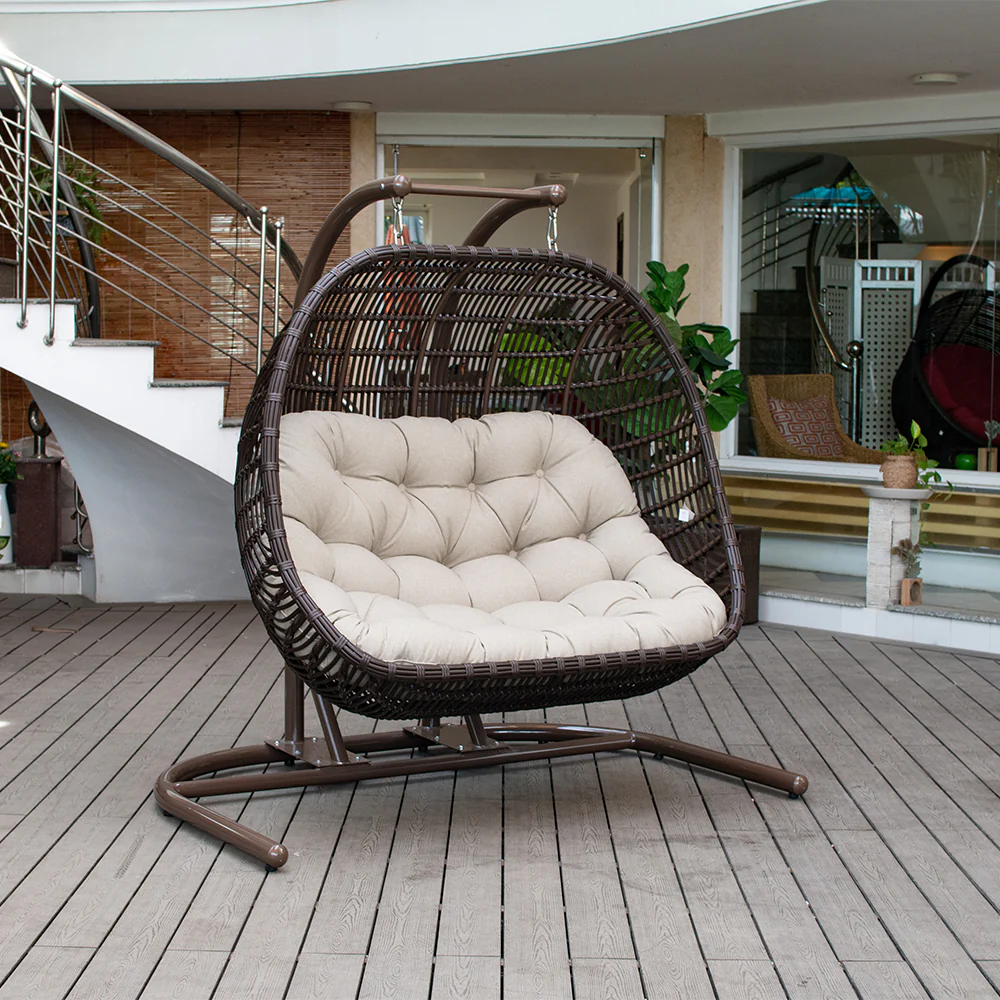 Havana 59 in. 2-Person Brown Wicker Patio Swing Hammock Chair with Beige Cushion
