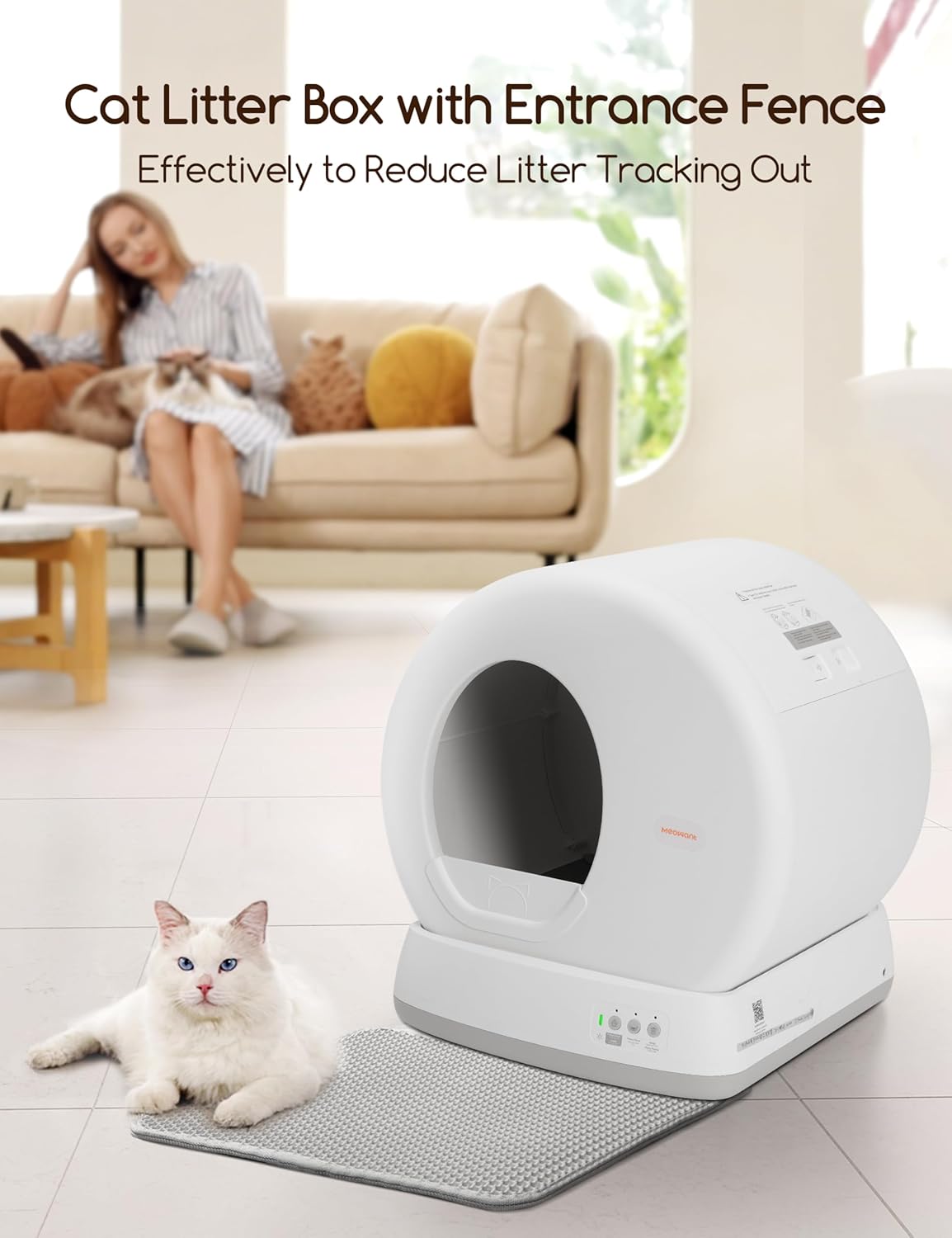MeoWant Self Cleaning Cat Litter Tray, Integrated Safety Protection Automatic Cat Litter Tray for Multiple Cats, Extra Large/Odor Removal/APP Control Smart Robot Tray with Mat & Liner