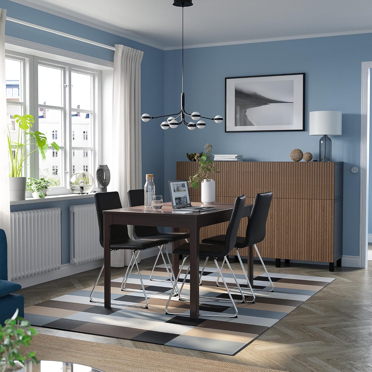 IKEA EKEDALEN/LILLÅNÄS Table and 4 Chairs, 120/180 cm, Dark Brown/Chrome, Bomstad Black