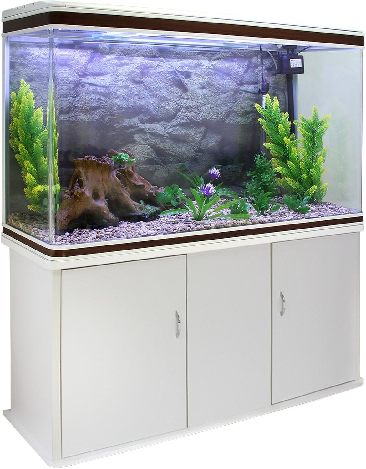 Monster Shop Large Fish Tank White 4ft 300L 65 Gal Aquarium Marine Tropical Saltwater Freshwater. White Cabinet Storage Stand. Natural Gravel. Filter, Air Pump, Heater, LED Light Tank Accessories
