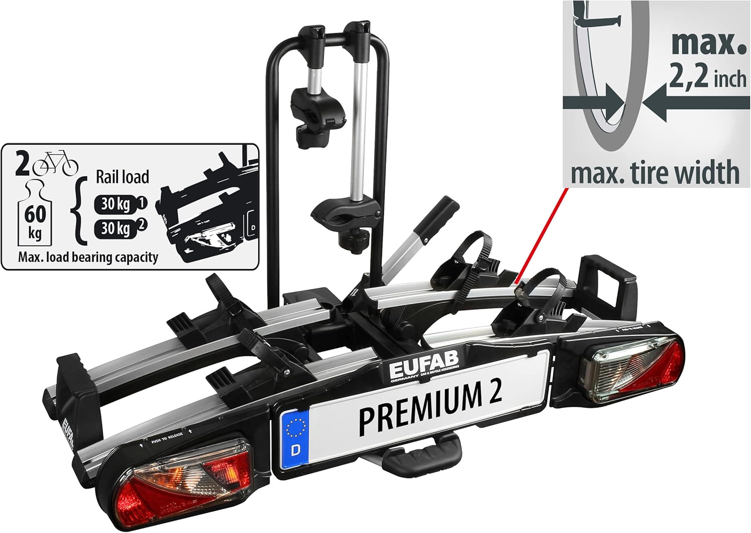EUFAB 11521 Premium 2 Bicycle Carrier, Suitable for E-Bikes, Completely Pre-Assembled, Anti-Theft Protection, for 2 Bicycles, for Towing Hitch, Black, Silver