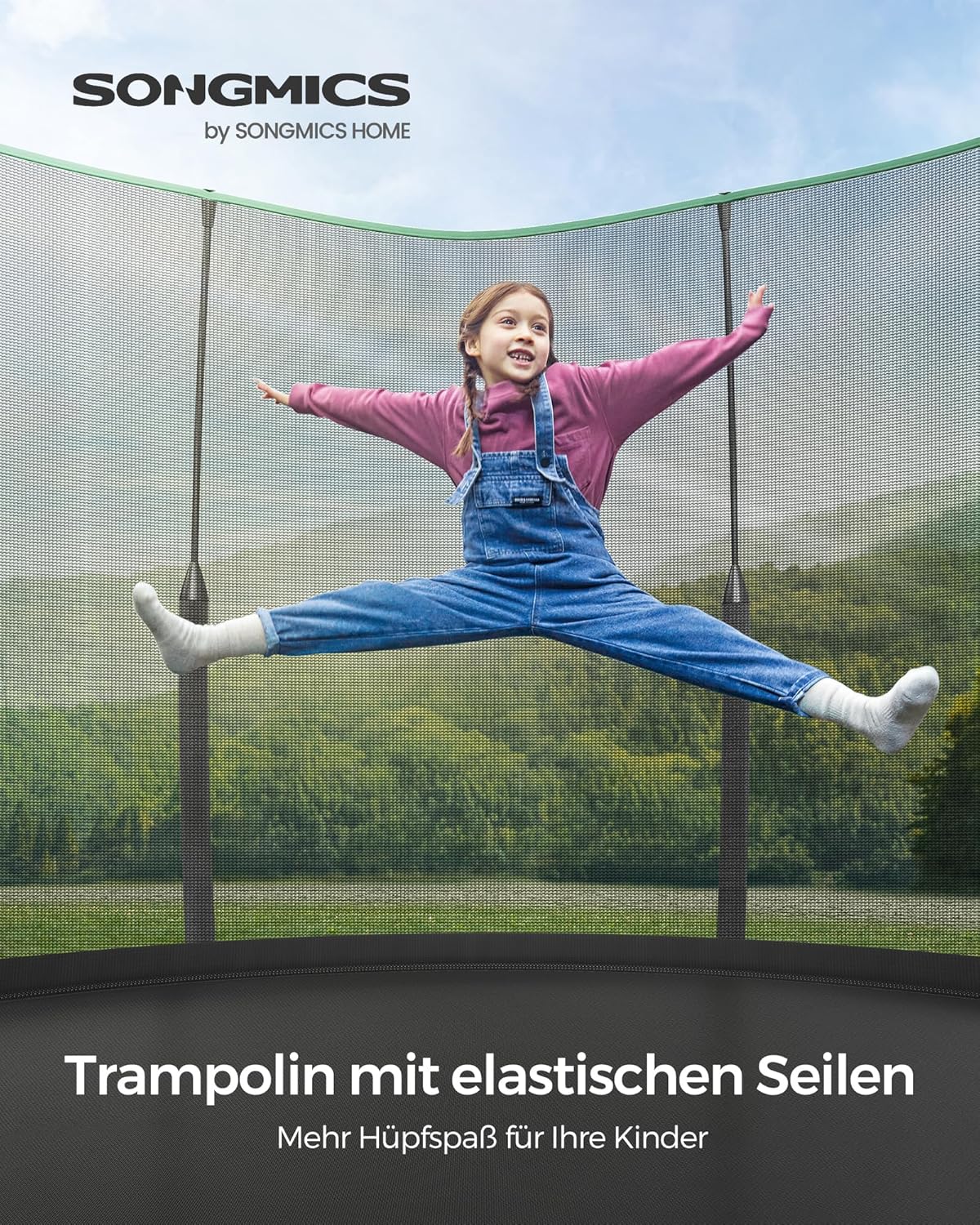 SONGMICS Springless Trampoline Ø 366 cm, Outdoor Trampoline for Children, Elastic Ropes, Safety Net with Zipper, Fiberglass Poles, Safe, Quiet