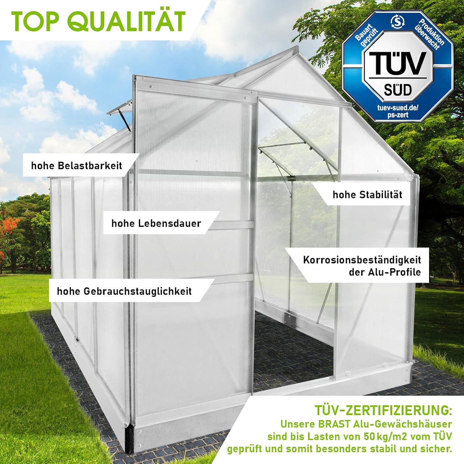 BRAST Aluminium Greenhouse with Base, 250 x 190 x 195 cm, TÜV Tested, 6 mm Hollow Chamber Panels Rustproof, Weatherproof, Temperature-Resistant