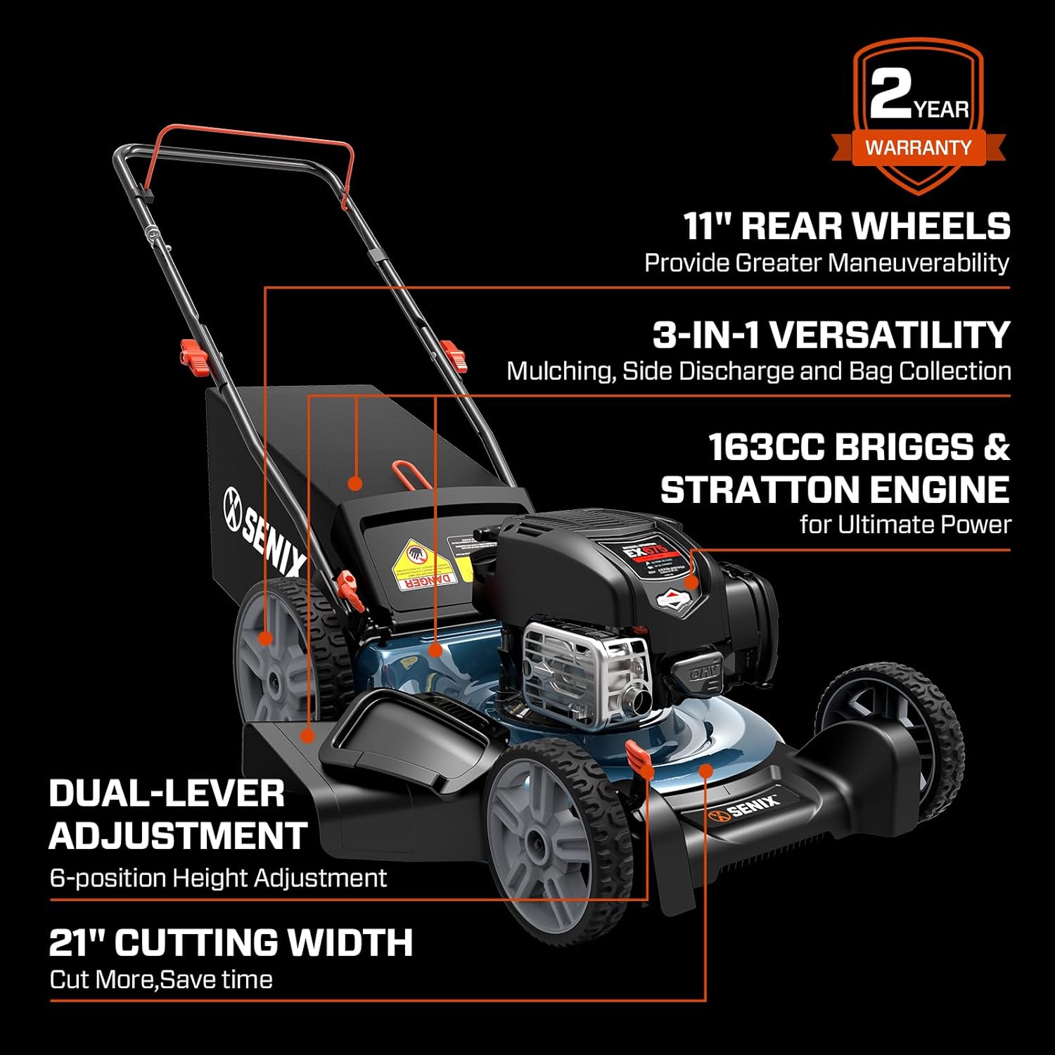 SENIX 21-Inch Gas Lawn Mower | 4 Stroke Push Mower with 163cc B&S EX675 Engine | 3-in-1 Mulching, Bagging & Side Discharge | 6-Position Height Adjustment | 16-Gallon Bagger | LSPG-M8