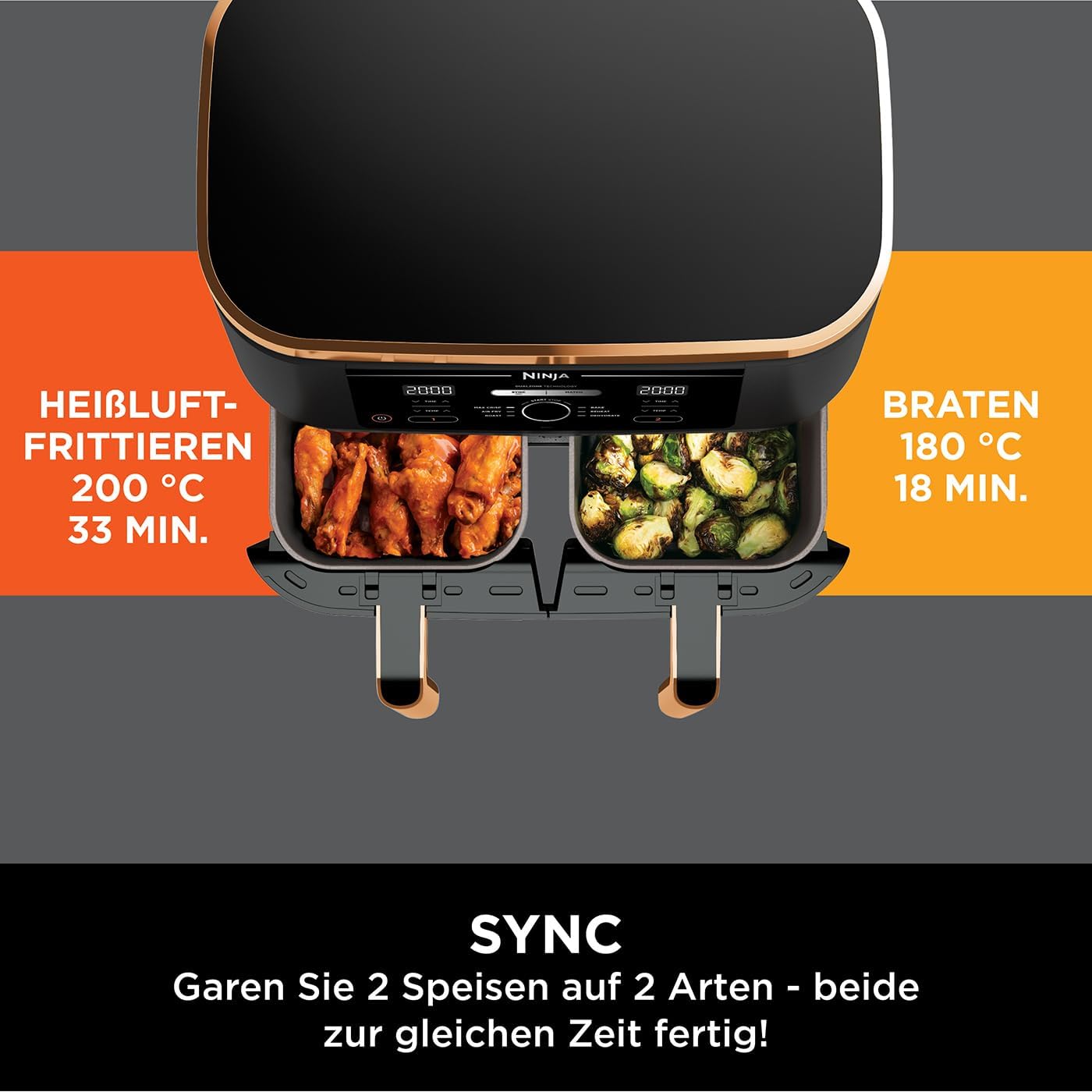 Ninja Foodi MAX Dual Zone [AF400EUCP] Hot Air Fryer,  2 Large Frying Compartments, 6 Functions, 2 Independent Garzones, 9.5 Litres, Copper/Black