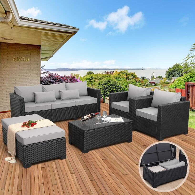 Rattaner Patio Furniture Set 6 Pieces Couch Outdoor Chairs Coffee Table Peacock Blue Anti-Slip Cushions and Waterproof Covers