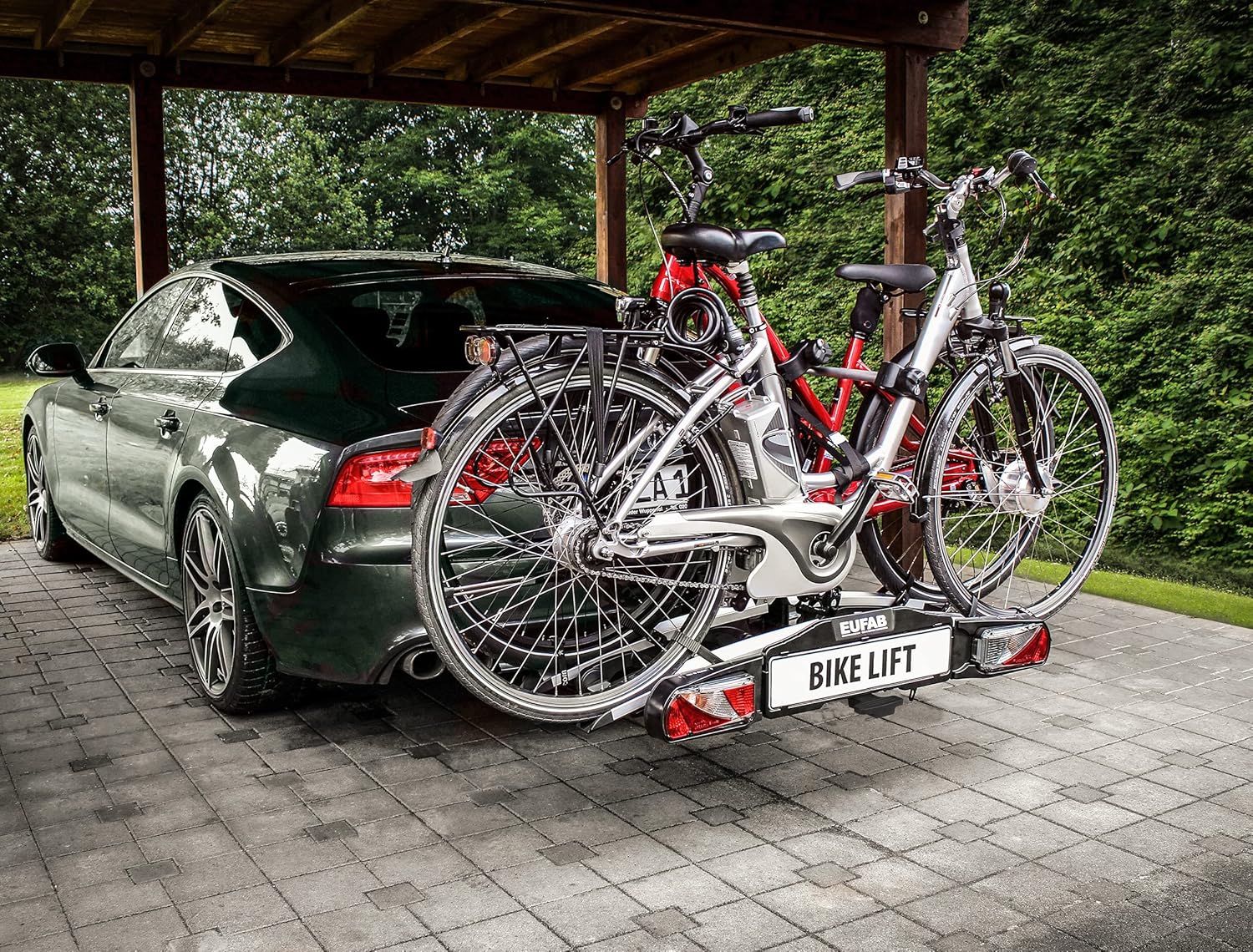 EUFAB 11535 Fahrradträger BIKE LIFT, E-Bike geeignet, komplett vormontiert, elektrische Absenkung, Diebstahlschutz, für 2 Fahrräder, für Anhängerkupplung, 135x74x74cm