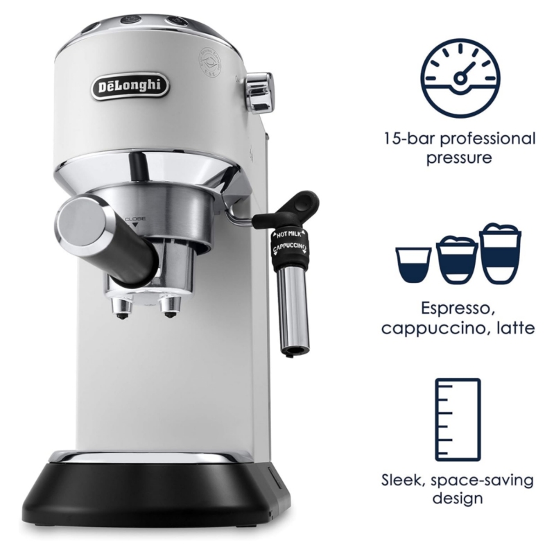 De'Longhi EC685W Dedica DeLuxe Pump Espresso Machine with Premium Adjustable Frothing Wand, in matte white