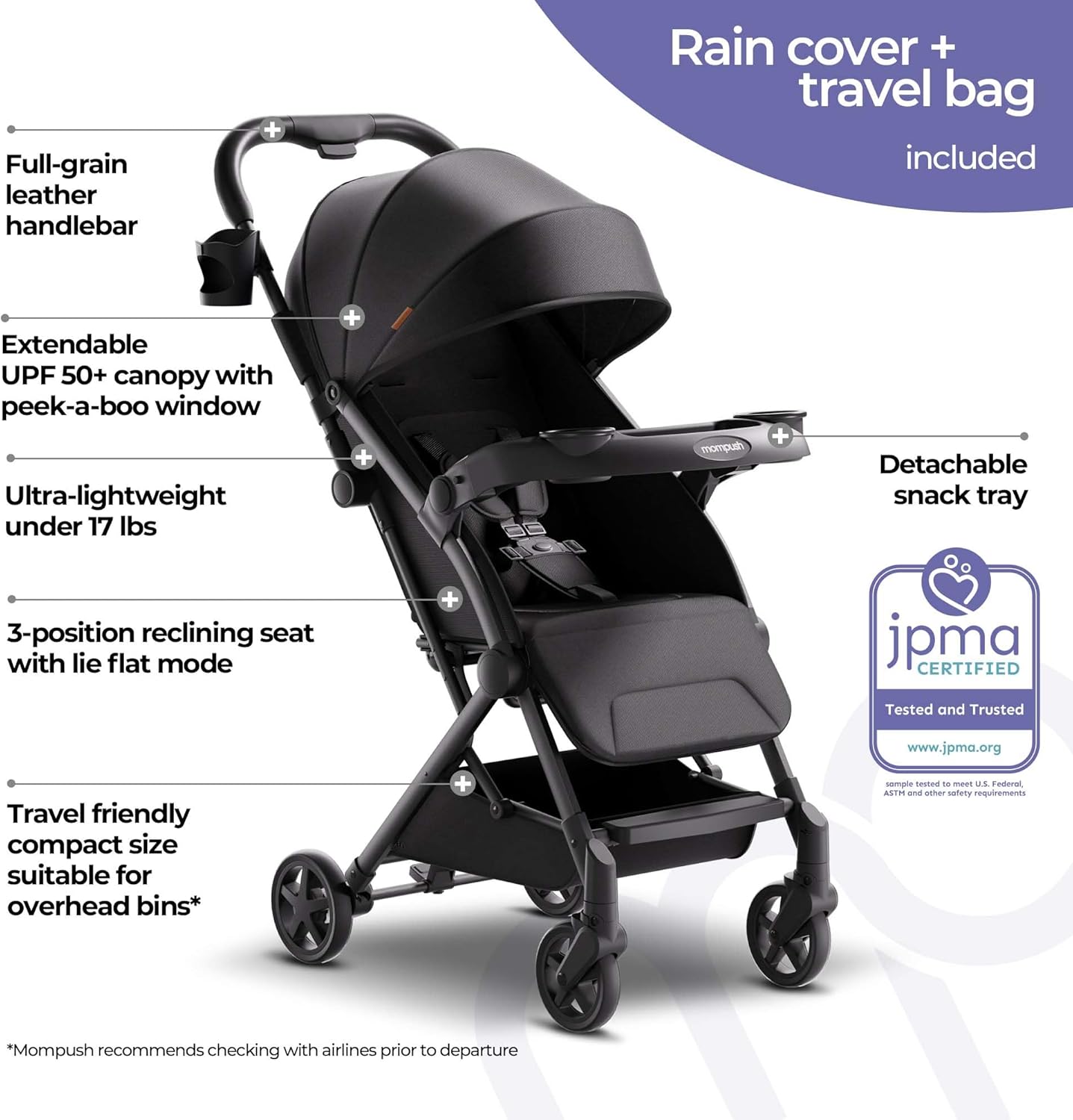 Mompush Lithe V2 Lightweight Stroller + Snack Tray, Ultra-Compact Fold & Airplane Ready Travel Stroller, Near Flat Recline Seat, Cup Holder, Raincover & Travelbag Included