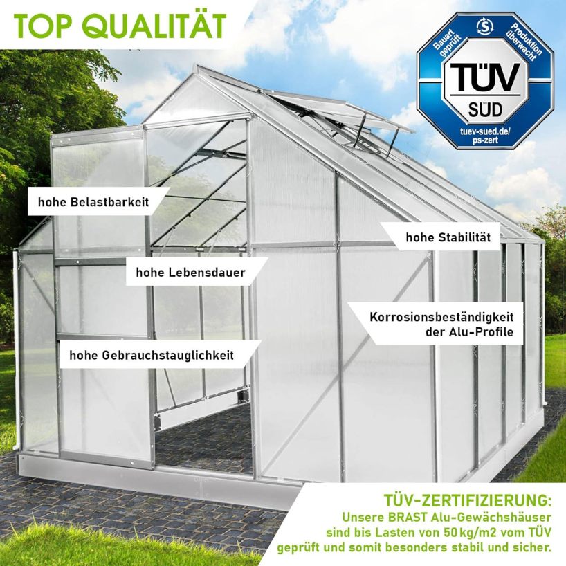 BRAST Aluminium Greenhouse with Base, 250 x 250 x 205 cm, TÜV Tested, 6 mm Hollow Chamber Panels Rustproof, Weatherproof, Temperature-Resistant
