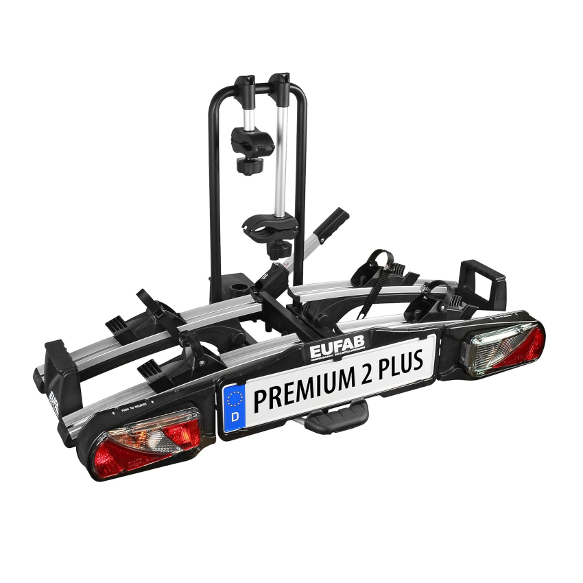 EUFAB 11523 Premium 2 Plus Bicycle Carrier, Suitable for E-Bikes, Large Tailgates, Fully Pre-Assembled, Anti-Theft Protection, for 2 Bicycles, for Trailer Coupling, Black/Grey, W x H x D Approx. 115 x