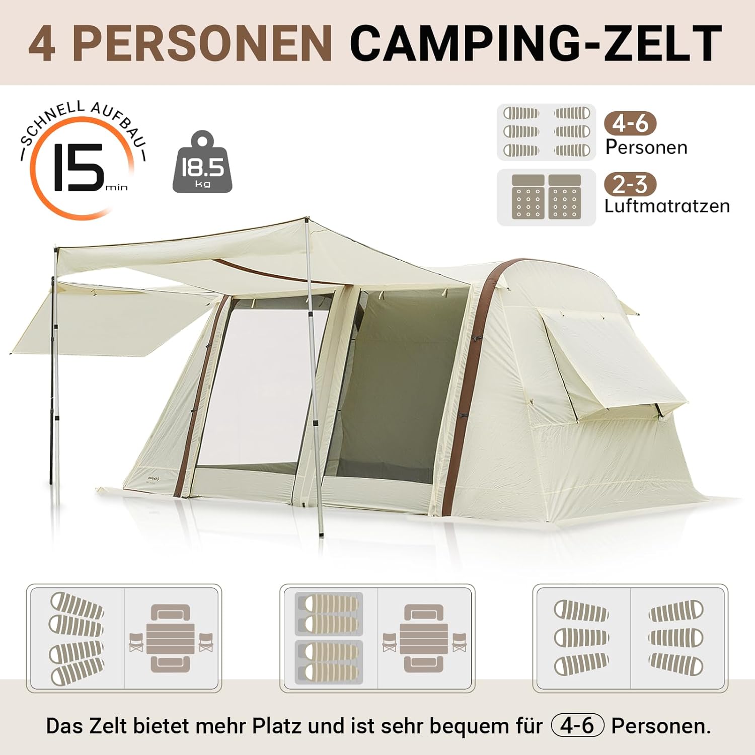 KingCamp Glamping Tent, Family Tent, Outdoor Waterproof Luxury Bell Tent with Double Peaked Roof for 3 Rooms, for Families and Camping Groups, Extra Large