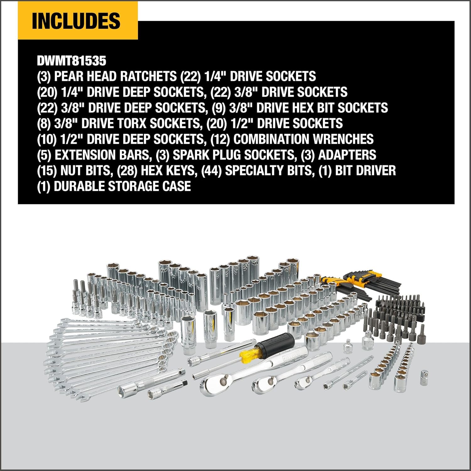 DEWALT Mechanic Tool Set, 247-Piece, 1/4 in., 3/8 in. and 1/2 in. Drive, SAE, Ratchets, Sockets, Hex Keys, Combination Wrenches, Polish Chrome Finish