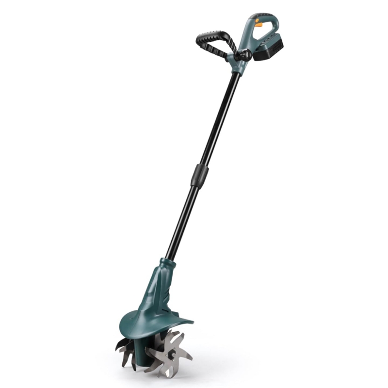 FISHTEC Wireless motor hoe with lithium battery 18 V, working width: 20 cm, working depth: 8 cm, 4 routers, ergonomic double handle, battery and charging station incl.