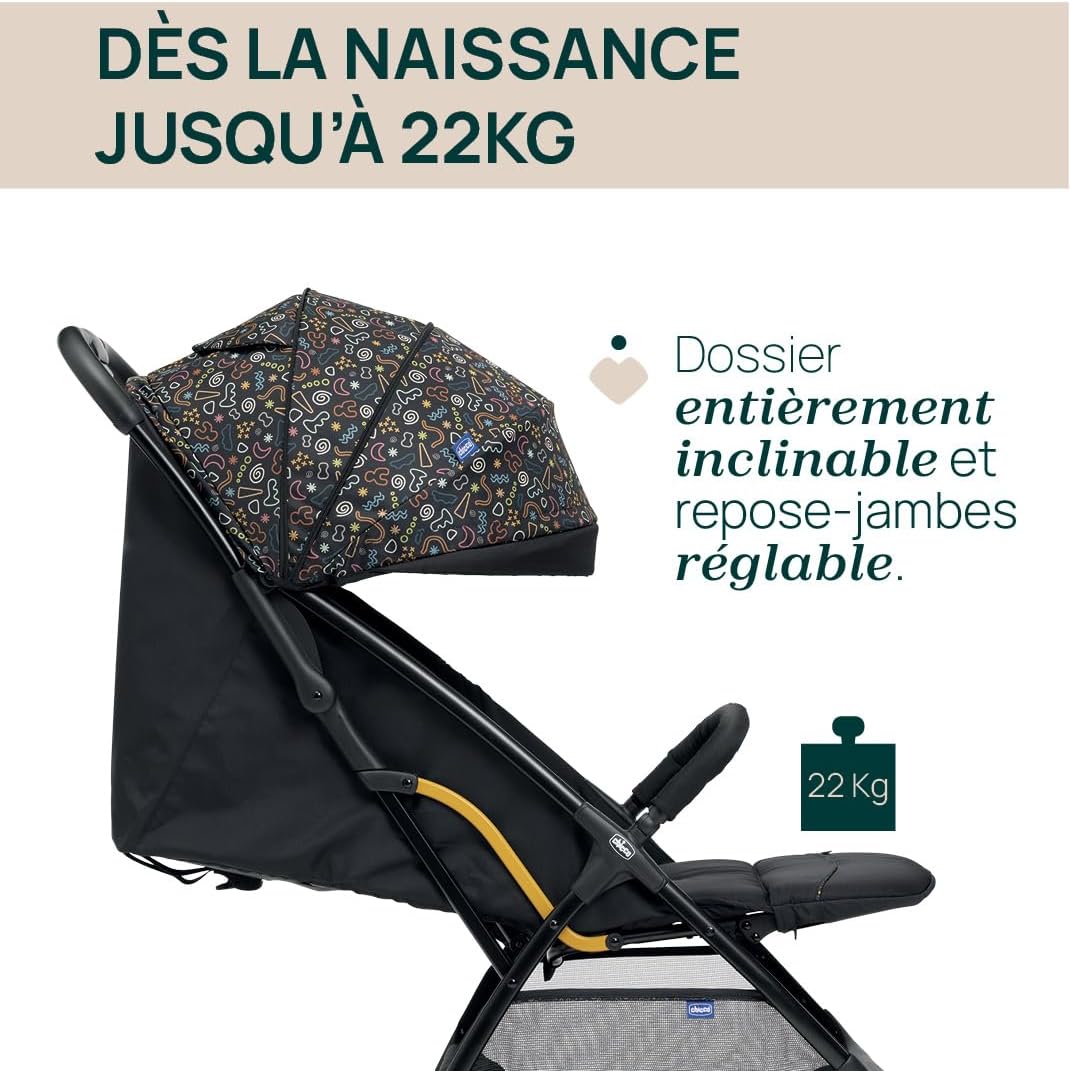Chicco Glee Poussette légère, pratique et légère, fermeture automatique, siège large et confortable, roues de haute qualité, dossier réglable, canopy solaire, jusqu'à 22 kg, noir à motif