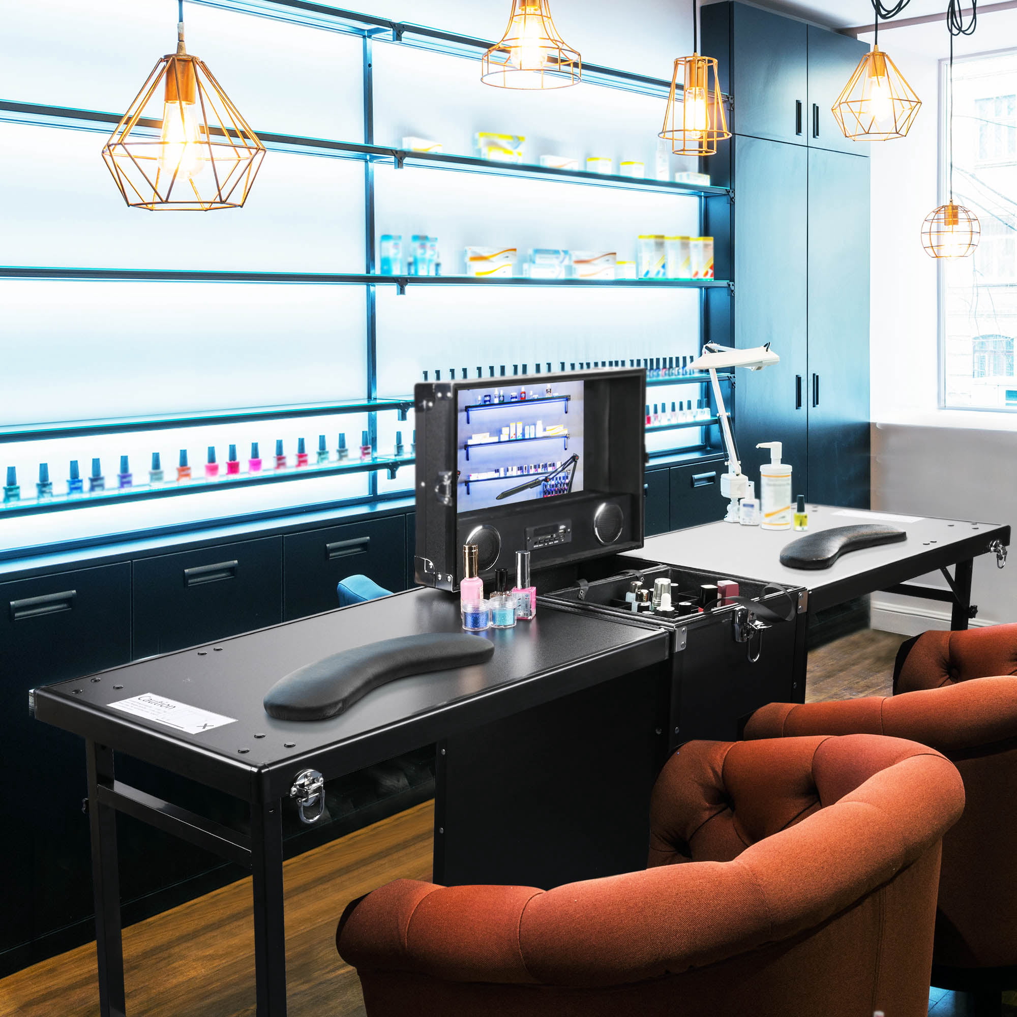 Nail Manicure Platform Portable Rolling Makeup Train Case 2 Tabletops